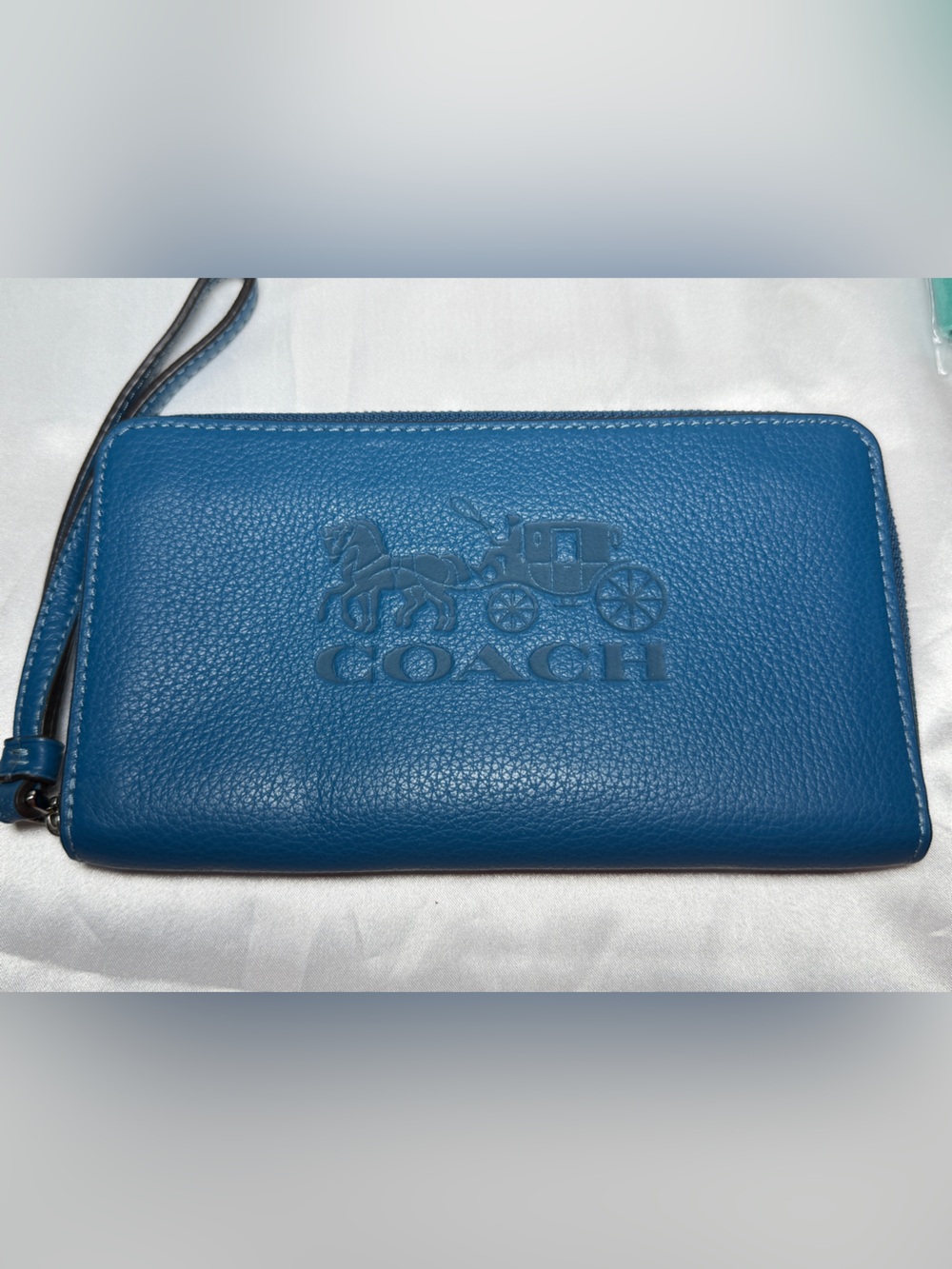 Coach Blue Pebbled Leather Wristlet with Embossed Coach Logo EUC